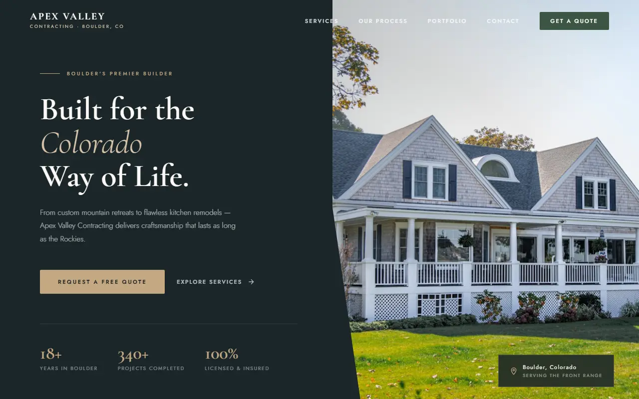 Homepage of the Apex Valley Contracting demo — a dark, premium site for a Boulder home builder