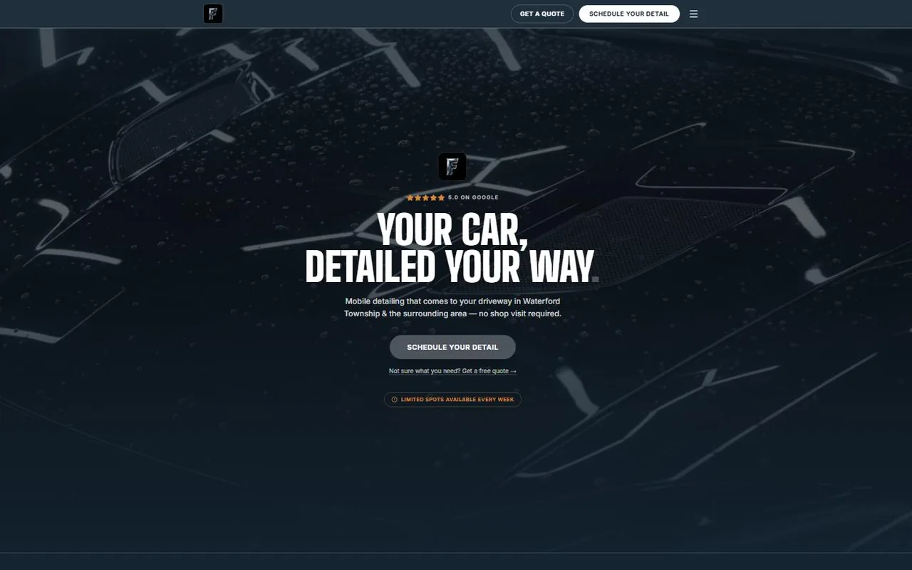 Homepage of Fowler Detailing Co. — a real client site for a mobile car detailing business in Waterford Township, Michigan