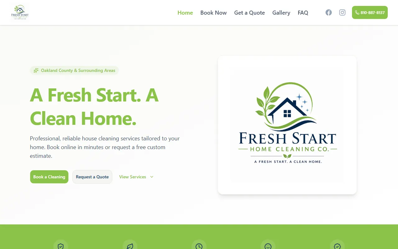 Homepage of Fresh Start Home Cleaning — a real client site with online booking for a Michigan cleaning company