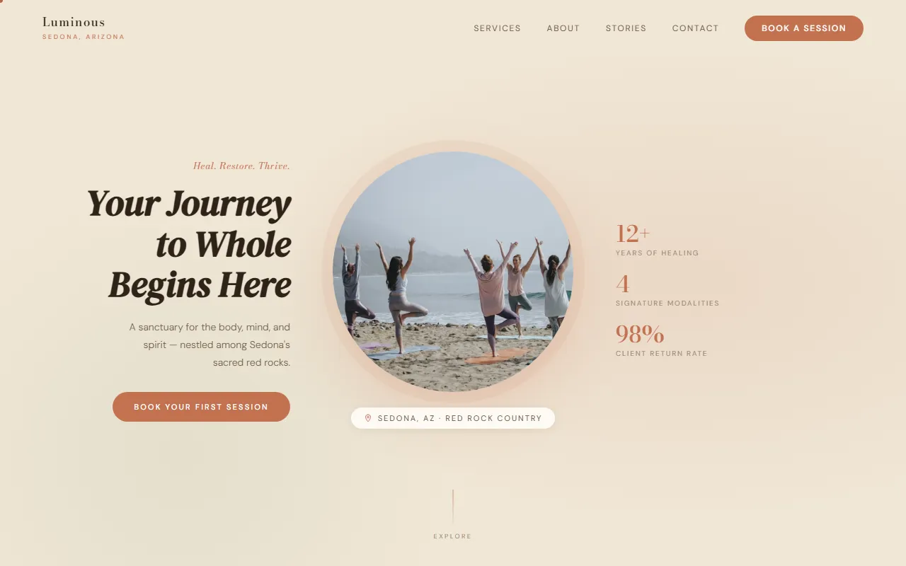 Homepage of the Luminous Wellness Studio demo — a serene site for a Sedona wellness studio
